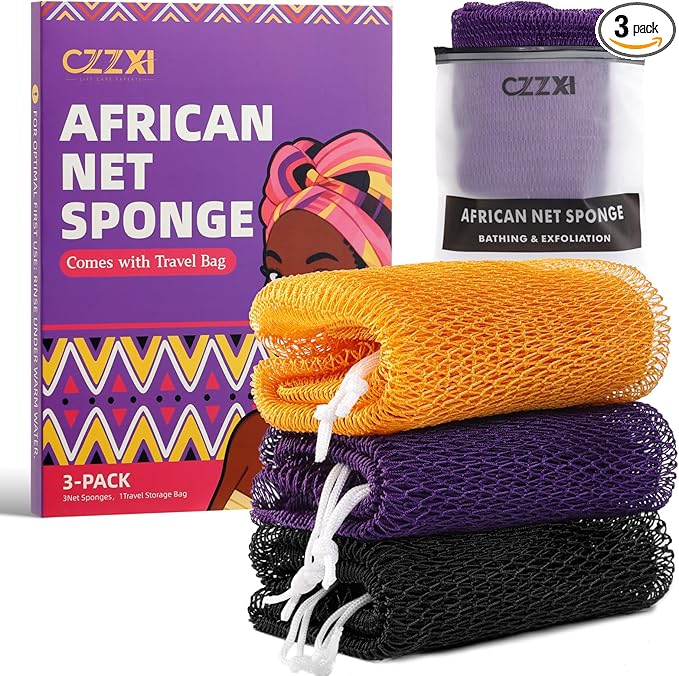 African Net Sponge 3 Pieces, Authentic Exfoliating Body Scrubber for Back & All Skin Types, Bath Sponge for Face & Body with Gentle Deep Cleansing (Purple, Yellow, Black)