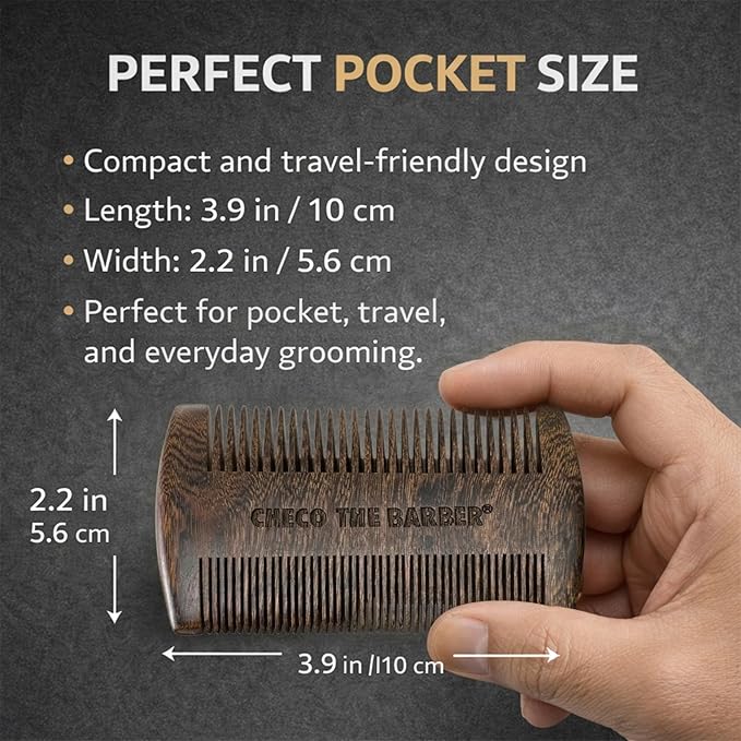 Sandalwood Beard Comb for Men – Pocket-Size Anti-Static Wooden Grooming Comb with Protective Case – For Beard, Mustache & Hair