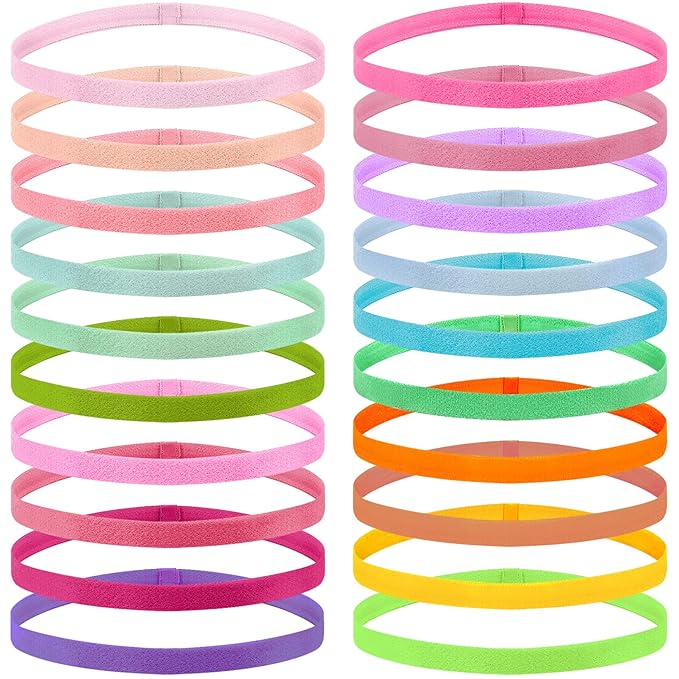 Duufin 20 Pieces Sport Headbands, Thin Non Slip Headband for Women and Girls, Elastic Headbands for Workout, Running, Yoga, Volleyball, Basketball, 1 cm Wide, 42 cm Circumference, 20 Colors