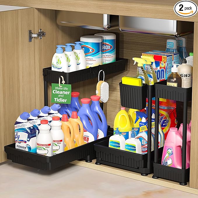 3 Pack Multi-Purpose Under Sink Organizers and Storage, 2026 L-Shaped Pull Out Cabinet Organizer for Bathroom & Kitchen, Under Cabinet Organizer with Hooks Hanging Cup (Black, 12.85 inch)