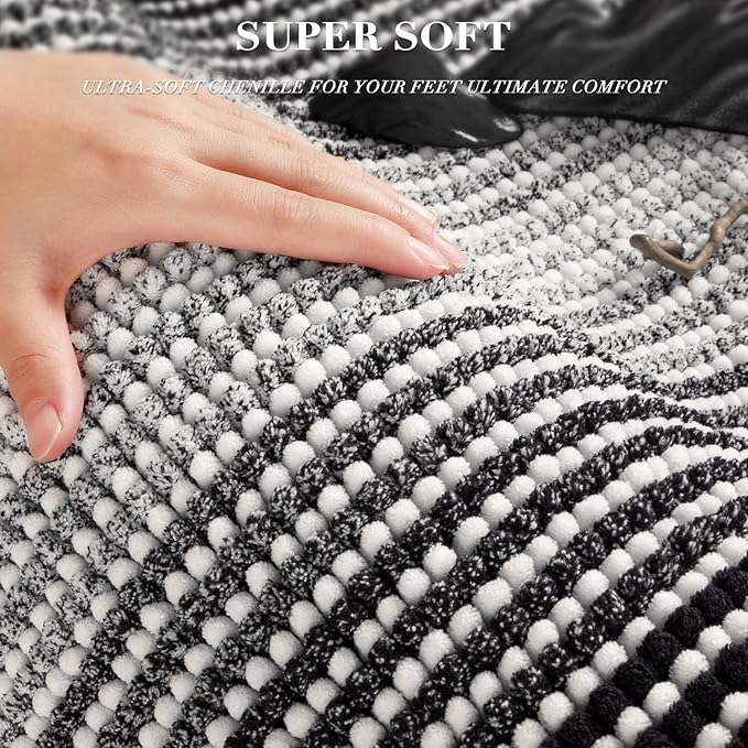 BSICPRO Bathroom Rugs and Mats Sets, 2 Piece Thick Absorbent Chenille Bath Mat Rug Set Non Slip, Soft Shaggy Bath Room Floor Mats for Bathroom, Machine Washable (Black, 24" x 70" Plus 20" x 32")