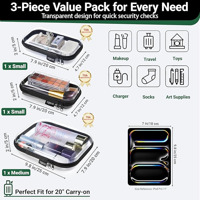 Clear Hard Shell Zipper Case 3 Pack, Hard Plastic Bag, Clear Travel Toiletry Pouch,Portable Cosmetic Bag with Zipper,Toy Storage Bins, Pencil Storage Organizer, Office Supplies Storage Case