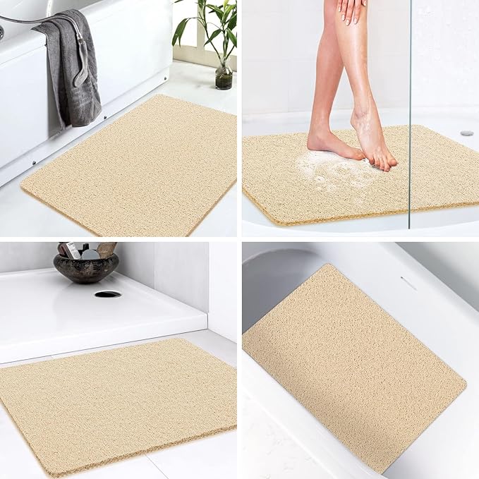 LuxStep Shower Mat Bathtub Mat,24x32 inch, Non-Slip Bath Mat with Drain, Quick Drying PVC Loofah Bathmat for Tub,Shower,Bathroom (Phthalate Free,Khaki)