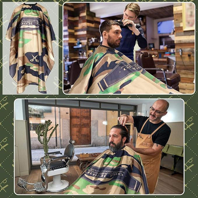 FEBSNOW Barber Cape Waterproof Professional Hair Cutting Cape Neck Duster Brush for Haircut Army Green Salon Beard Hairdressing Kits 46.8 × 56 Inches