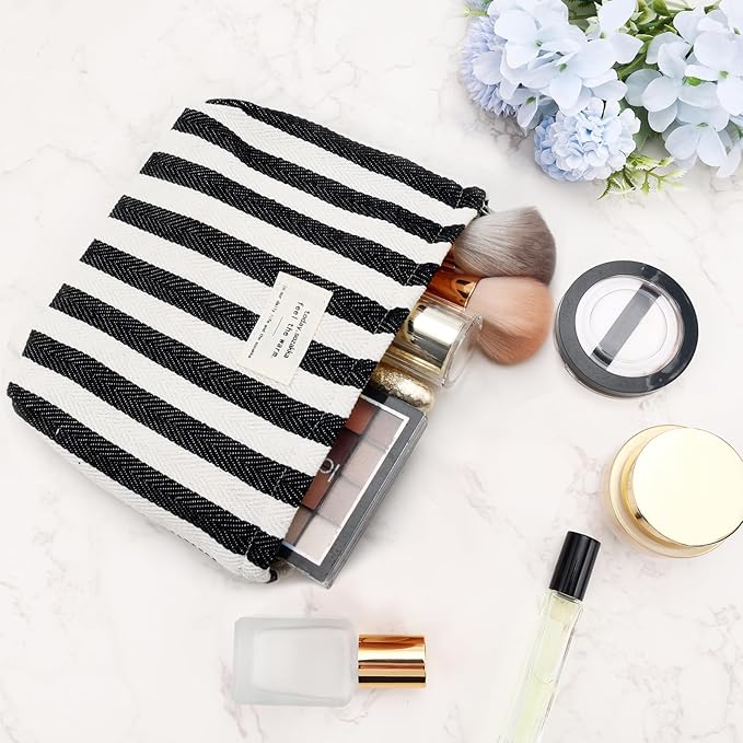 ZLFSRQ Striped Makeup Bag Large Canvas Travel Makeup Bag for Women Cosmetic Pouch Cute Black Striped Make Up Pouch for Purse Y2k Aesthetic Trendy Zippered Toiletry Bags Gift Skincare Storage Organizer