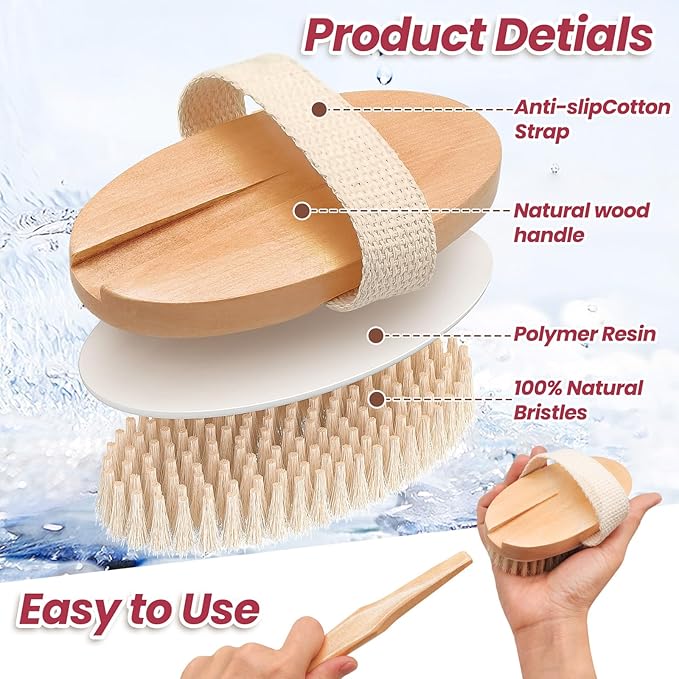 Wood Bath Brush,Long Handle Body Back Scrubber with Soft and Natural Bristles Antiskid Shower Brush Set for Bathroom Wet or Dry Exfoliating (6 Pack) (19.3''Long Handle)