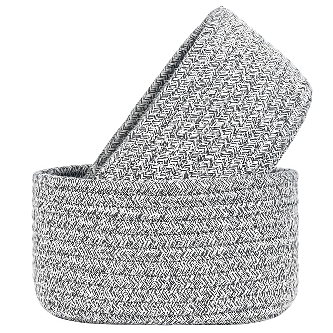 【2 Pack】ABenkle Small Woven Baskets, Tiny Oval Shallow Storage Baskets, Mini Cotton Rope Empty Decorative Basket, Boho Little Organizer Bins for Bathroom, Cat Dog Toy Gifts Baskets