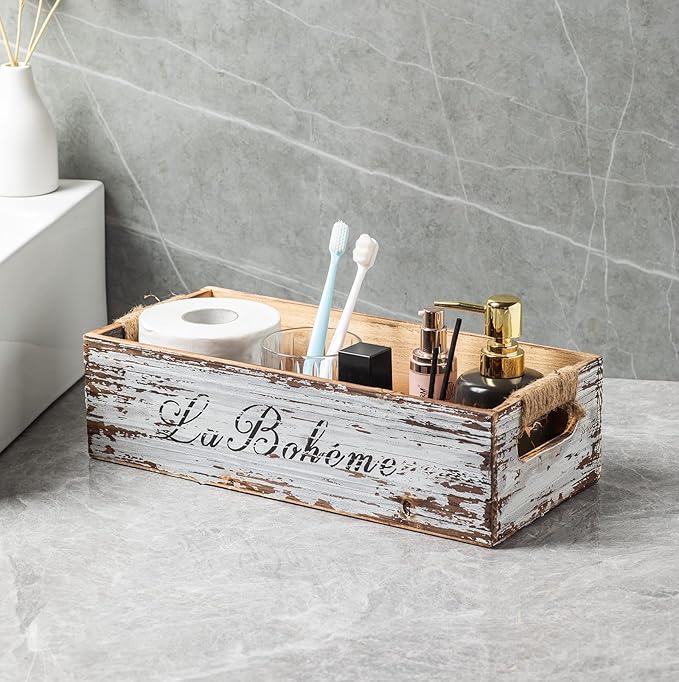 TIMRIS Farmhouse Distressed Wooden Storage Box, Rustic Bathroom Decor Box, Decorative Toilet Tank Basket, Vintage Countertop Organizer Box with Handles (Distressed White)
