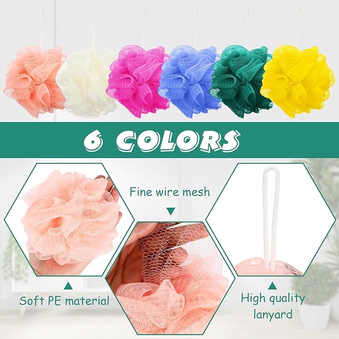 Sunnyray 100 Pcs Bath Sponge Shower Loofahs Bulk Bath Luffas Exfoliating Body Scrubber Packs Assorted Color Mesh Balls Travel Cleaning Wash Puff Bathing Accessories for Women Men Body Wash, 6 Colors