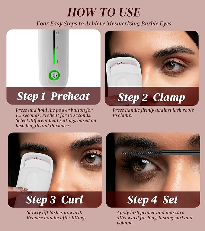 Heated Eyelash Curler, Eyelash Curlers with 3 Temp Settings, 10S Quick Heat-Up, 24H Long-Lasting Natural Curl, Type-C Recharge, Mini Electric Eyelash Curler for Women - White