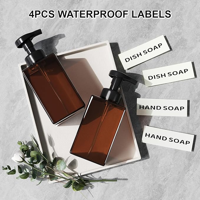 Amber Foaming Soap Dispenser, Refillable Foam Hand Soap Dispenser, Set of 2 Empty Foamer Pump Bottle, Brown Foaming Dispenser Bottles with Black Pump