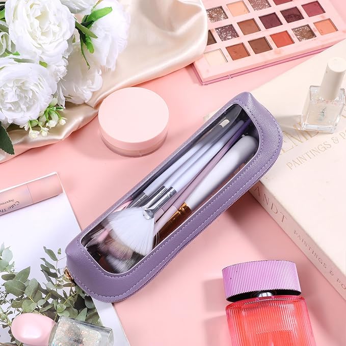 Small Clear Makeup Pouch, PU Leather Portable Makeup Brush Bag Travel Transparent Waterproof Cosmetic Organizer Pouch with Zipper for Women Home Travel Office Cosmetic Storage (Dark Purple)