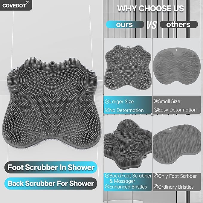 Dual-Sided Silicone Shower Foot Scrubber Mat – Foot Scrubber in Shower for Deep Cleaning & Exfoliation | Wall-Mounted Shower Foot Scrubber Mat & Back Cleaner for Men and Women (Grey, Standard)