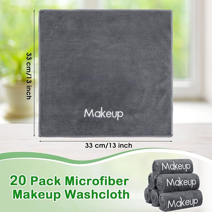 Shimeyao 20 Pack Makeup Remover Cloths, Gray Soft Microfiber Makeup Towels Face Washcloth 13x13 Reusable Eraser Cloth Washable Quick Dry Embroidery Washcloths for Women Cleansing, Hand, Travel Hotel