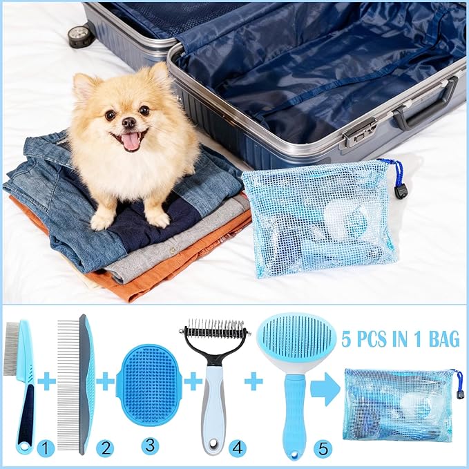 5-in-1 Pet Grooming Kit with Self-Cleaning Slicker Brush for Dogs & Cats, Includes Undercoat Rake, Dematting Comb, Fine-Tooth Flea Comb, and Massage Bath Brush - Complete Grooming Solution
