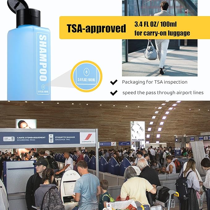 Labeled Travel Bottles for Toiletries, 3.4oz TSA Approved Travel Shampoo and Conditioner Bottles with Spray, Leak Proof Clear Plastic Containers with Flip Cap-5 PCS
