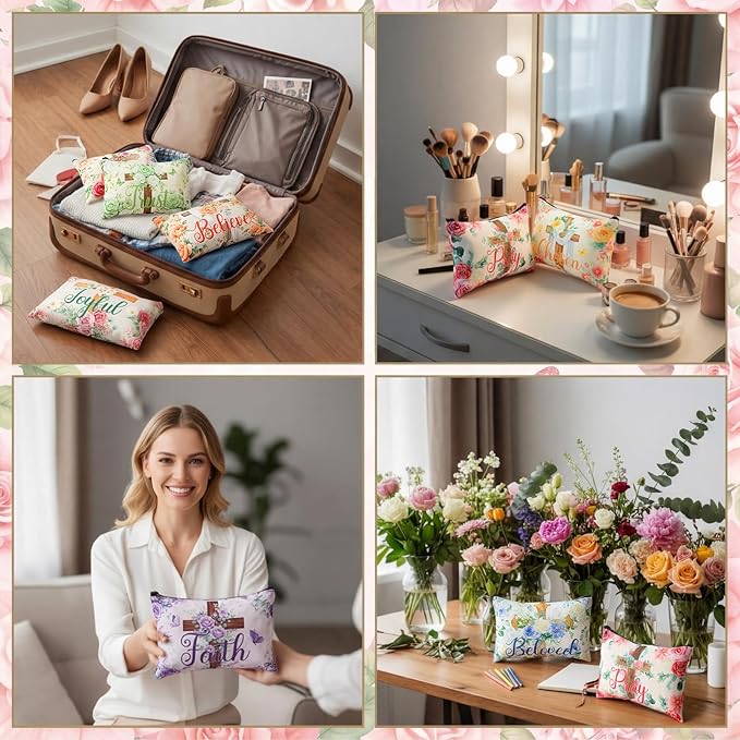 Sweetude 12 Pcs Easter Makeup Bag Bulk Flower Cross Portable Travel Cosmetic Bags with Zipper Religious Cross Waterproof Roomy Travel Beauty Toiletry Organizer Storage Pouch for Women Easter Gifts