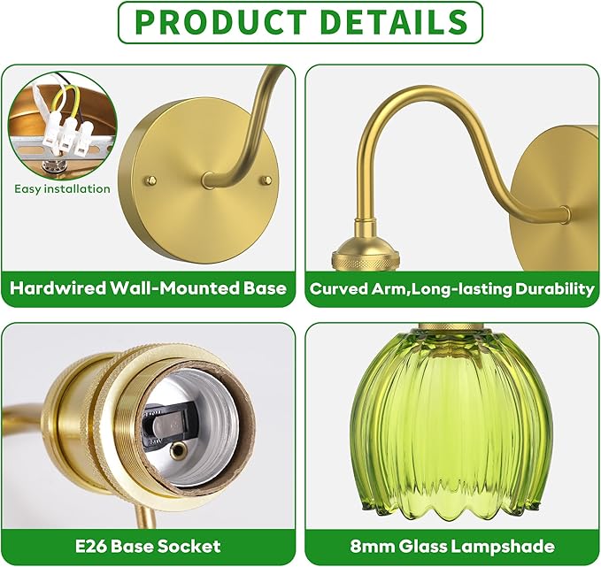 2-Pack Wall Sconces Lights Lamp for Bedroom Bathroom, Modern Vanity Light Fixtures, Wall Mount Lighting Vintage Tulip Green Glass Shade for Living Room Mirror Hallway Kitchen