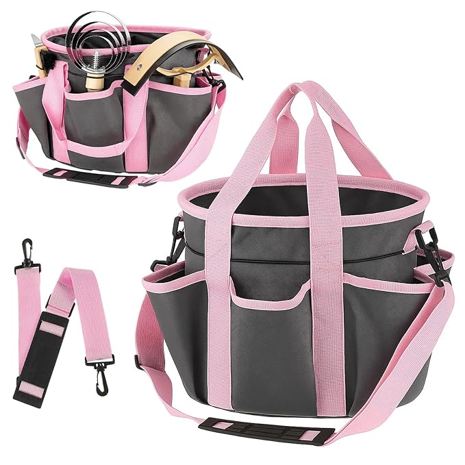 Abbylike Grooming Tote Bag for Horses and Dogs Organize Tack Tools Equestrian Grooming Kit Care Portable with Multiple Pockets for Supplies(Stylish,10.63 x 10.63 x 9.45 Inch,Grey and Pink)