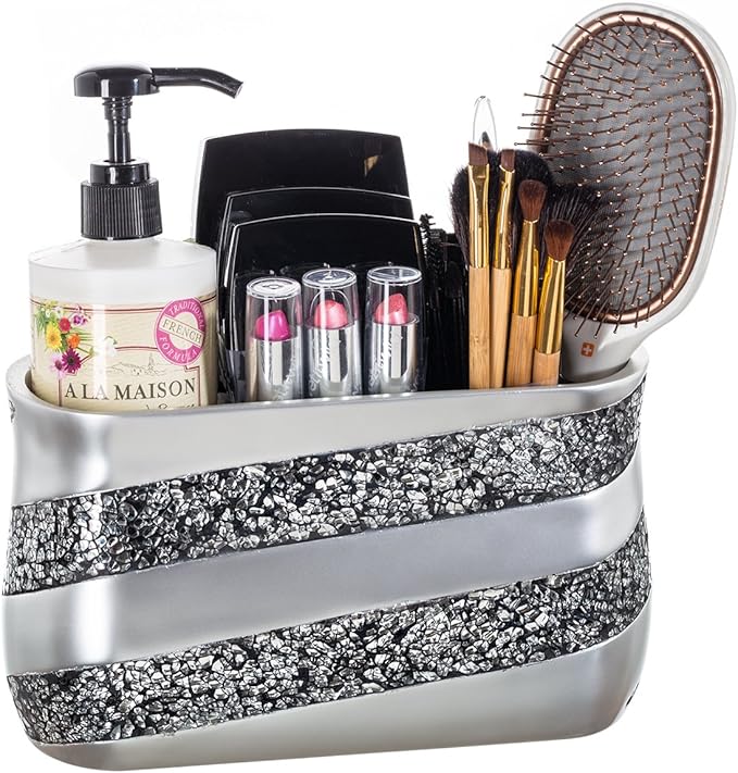 Silver Mosaic Bathroom Counter Vanity Organizer, Countertop Cosmetic Makeup Holder Hair Brush Caddy Hair Accessories Storage, 3-Compartments Decorative Bath Organization (Silver Gray)