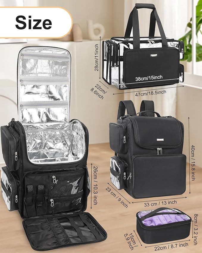 Relavel Hair Tools Travel Bag with Clear Makeup Bag, Hair Stylist BarberBag on Wheels Hairdresser Cosmetology Bag Case with Four 360 Degree Spinner Wheels, Heat Insulation Full Layer for Curling Iron