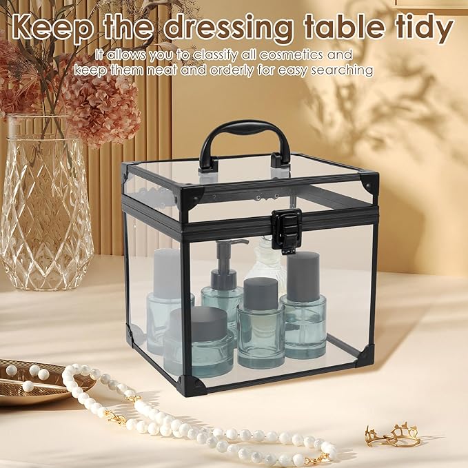 Makeup Box,Clear Cosmetic Case with Latches and Handle Large Capacity Toiletry Organizer Box Travel Makeup Tools for Vanity Bathroom Counter Dresser(black)