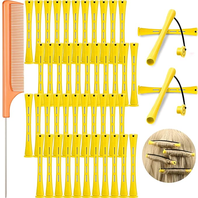 48 Pieces Plastic Curlers with Steel Pintail and Rat Tail Combs for Cold Wave Perming and Hairdressing Styling (Yellow and Orange, 0.28 Inch/ 0.7 cm)