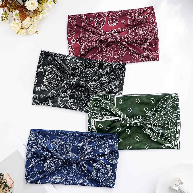 Olbye Wide Boho Headbands Floral Stretch Head Wraps Bohemian African Turban Hairbands Knotted Bandana Headband Yoga Running Head Scarfs Workout Hair Accessories for Women 4Pcs (Bohemian, 9.4 * 5.9'')