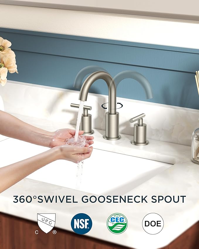FORIOUS 2 Pack Brushed Nickel Bathroom Faucet 3 Hole with Pop Up Drain and 24" Supply Hose, 2 Handle 8 in Widespread 3 Hole Vanity Faucet for Bathroom Sink Brush Nickel with 360° Swivel Spout