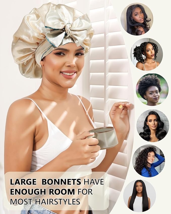 Satin Bonnet Silk Hair Wrap for Sleeping - Reversible Cap with Tie Band Night Cap Double Layer for Curly Hair (Lake Blue Leaves + Champagne)