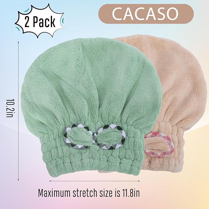 Microfiber Hair Drying Towel, 2 Pcs Fast Coral Velvet Absorbent Quick Dry Caps, Soft Towel for Women Wet Long Thick Hair (Khaki+Green)