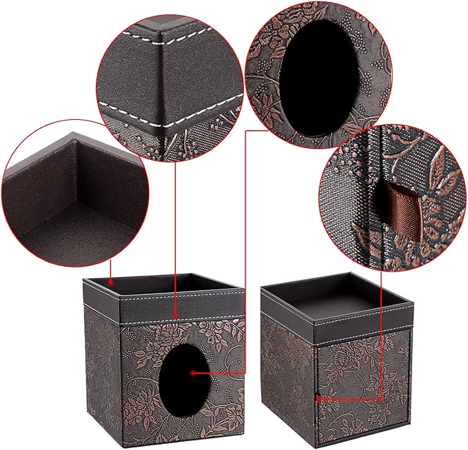 Sumnacon Leather Square Tissue Box Cover - Decorative Cube Tissue Box Holder with Tray, Stylish Facial Tissue Holder for Bathroom Vanity Dresser Table Home Office Bar, Brown Flower