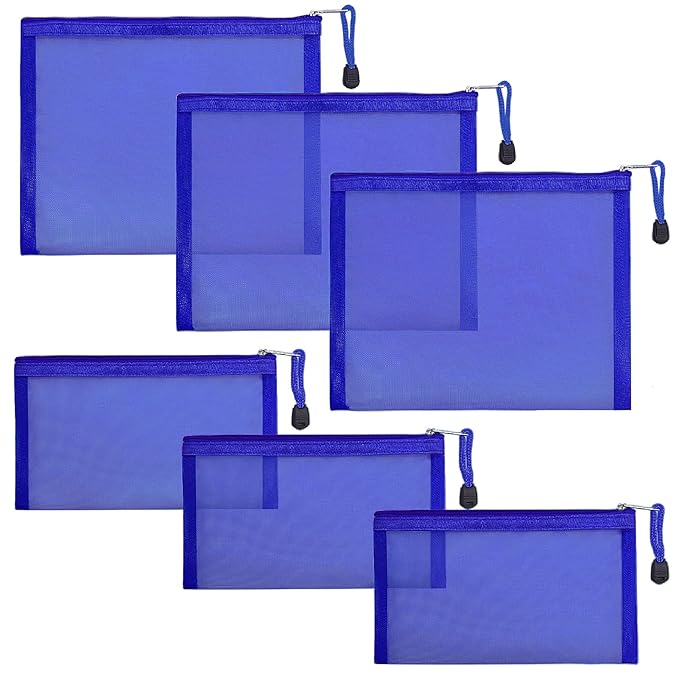 6 Pack Mesh Cosmetic Bags, Nylon Makeup Pouches with Zipper for Home Office Purse Diaper Bag (Blue)