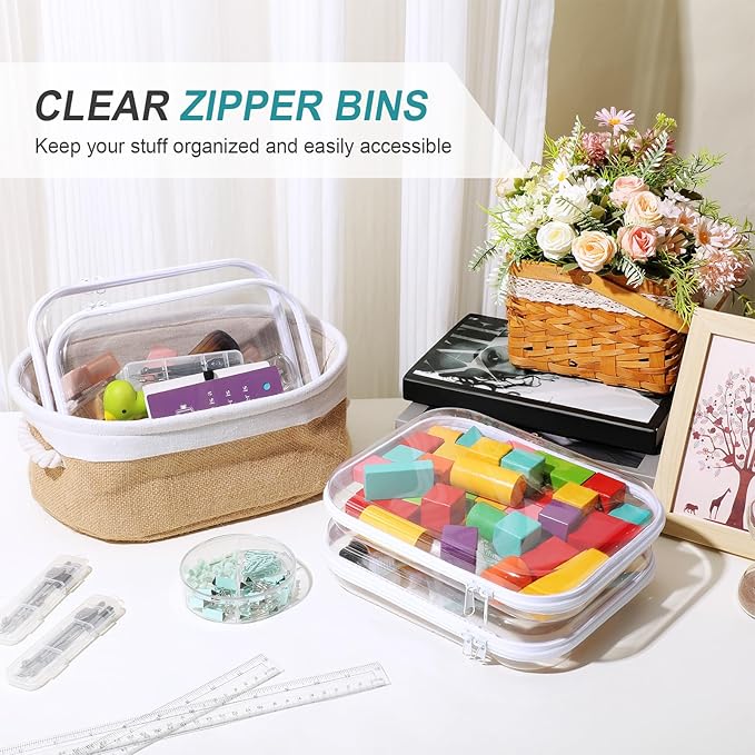 Hoolerry 4 Pcs Hard Clear Zipper Case Makeup Bags Plastic Zipper Pouch Transparent Storage Box Containers for Cosmetics, Snacks, Building Blocks, Puzzles(Clear,9.8 x 7.9 x 2 in,White)