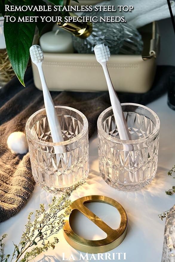 Glass Bathroom Accessories Set, 5pcs Crystal Clear Bathroom Set Accessories, Soap Dispenser, Toothbrush Holder Set, Soap Dish, Tumbler, Qtips Holder for Vintage Bathroom Decor, Gift Set