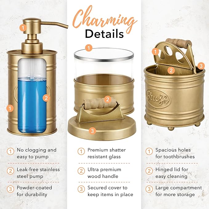 Autumn Alley Antique Gold Bathroom Accessories Set 4 - Farmhouse Soap Dispenser, Toothbrush Holder, 2 Apothecary Jars Qtip Holder - Gold Bathroom Decor – Rustic Farmhouse Bathroom Accessories
