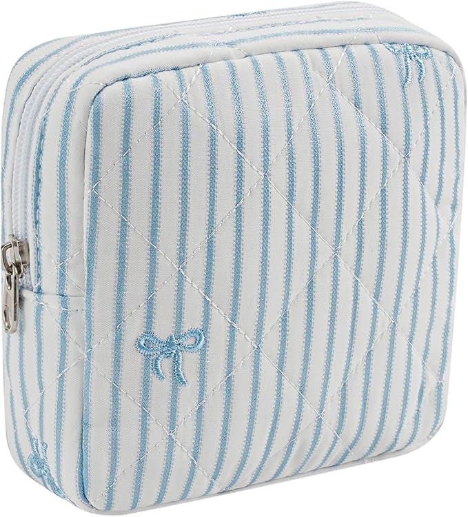 Small Quilted Striped Cosmetic Pouch for Purse, Mini Cotton Makeup Bag with Compartments, Cute Zipper Lipstick Holder for Women (28 White Stripes)