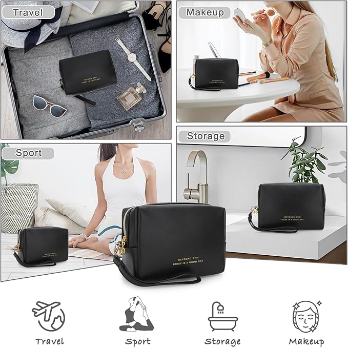Small Makeup Bag Travel Cosmetic Bag Toiletry Zipper Pouch Make Up Organizer Bag with Handle Purse for Women Soft PU Leather Skincare Case (Black)