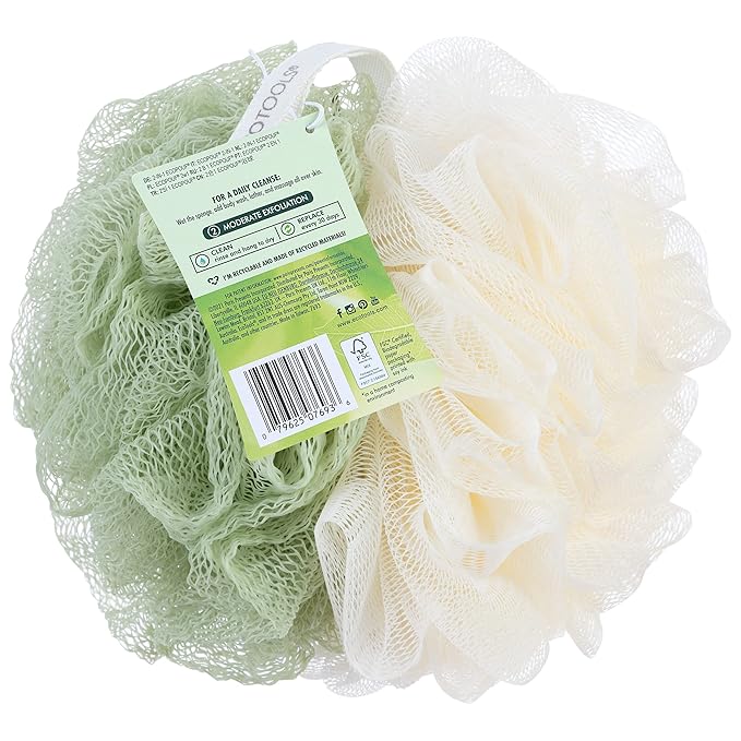 EcoTools Green 2-in-1 EcoPouf, Dual-Sided Shower Loofah Exfoliates & Cleanses Skin, Made of Recycled Netting, Removes Dead Skin, Eco-Friendly Bath Accessory, Cruelty-Free, 1 Count (60g)