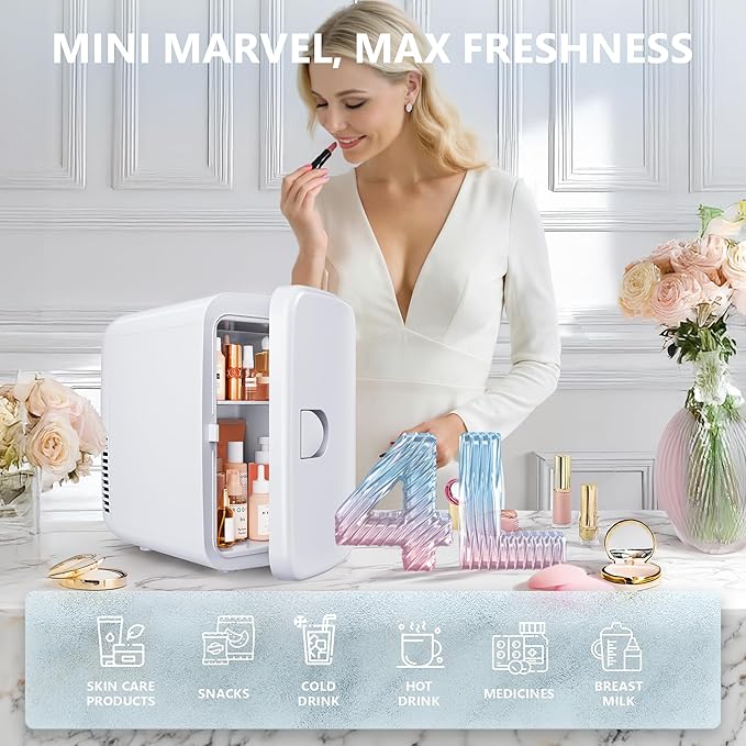 EUHOMY Mini Fridge, 4 Liter/6 Can Compact Refrigerator, AC/DC Portable Cooler & Warmer for SkinCare, Food and Drinks, Mini Fridge for Bedroom, Office, Car & Dorm, White