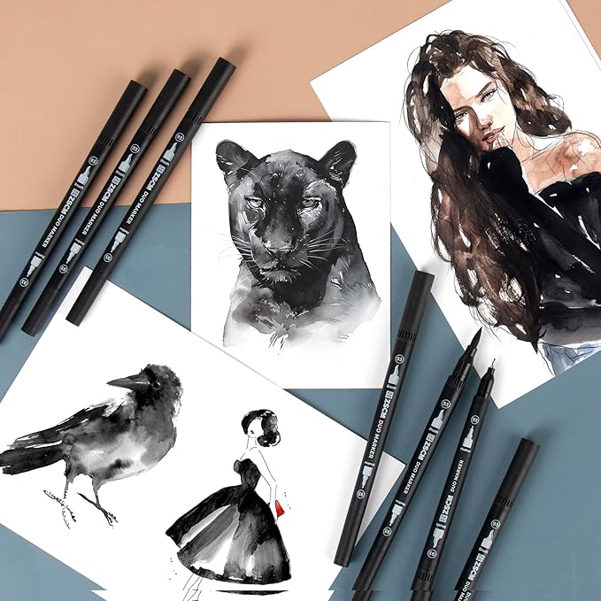 Black Duo Tip Marker Pens, 12 Pack Fine & Brush Markers for Adult Coloring Books No Bleeding, Jet Black Markers for Outlining, Sketching, Japanese Manga, Calligraphy and Graphic Novels