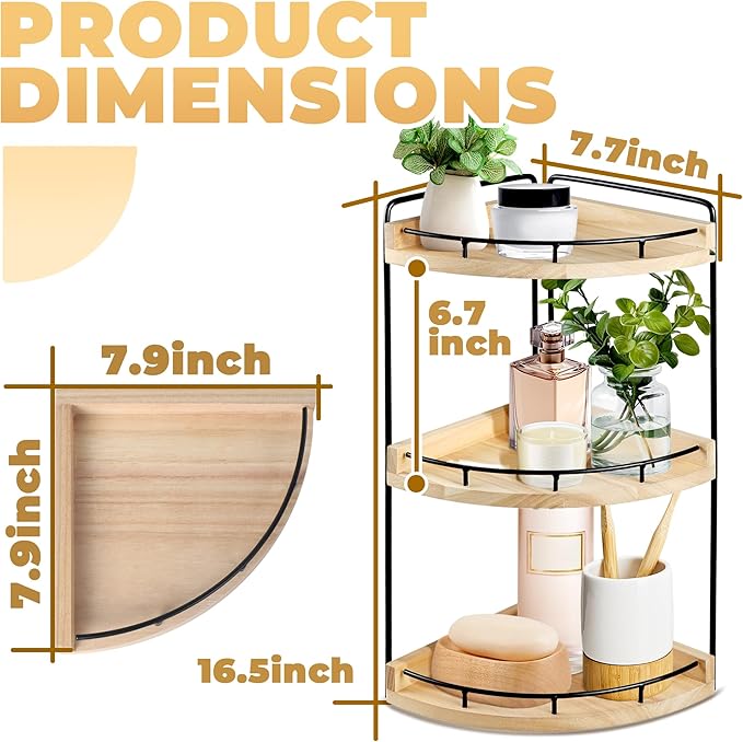 3 Tier Bathroom Counter Organizer, Bathroom Counter Tray and Vanity Organizer, Wood Corner Countertop for Kitchen, Dresser (Rustic Wood)