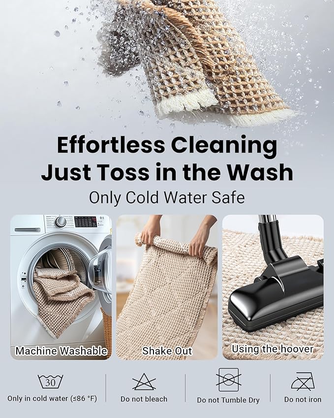 Waffle Bath Mat Set, Non Slip Bathroom Rugs Sets 2 Piece, Ultra Absorbent Long Bath Rug Runner for Bathroom Boho Chic Decor, Machine Washable Floor Mats, Brown & White, 20"×47" Plus 18"×30"