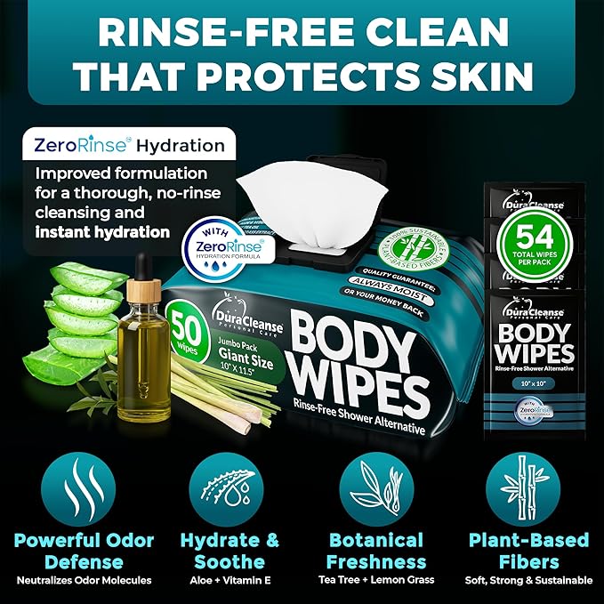 Body Wipes for Men (2pk) - 100 XL No Rinse Shower Sheets + 8 Travel Bath Wipes - 10 x 11.5" After Gym Adult Washcloths - Mens Deodorant & Face Towels For Camping Essentials, Survival Gear and Supplies