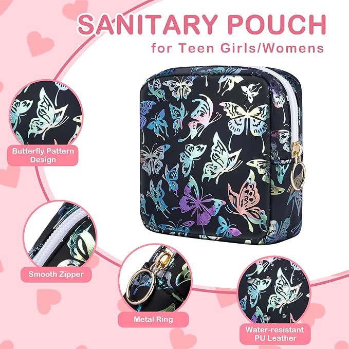 Period Bag Pouch, Leather Sanitary Napkin Storage Bag for Girls Womens, Portable Sanitary Napkin Period Pad Pouch Bag for Purse (Black-Dancing Butterfly)
