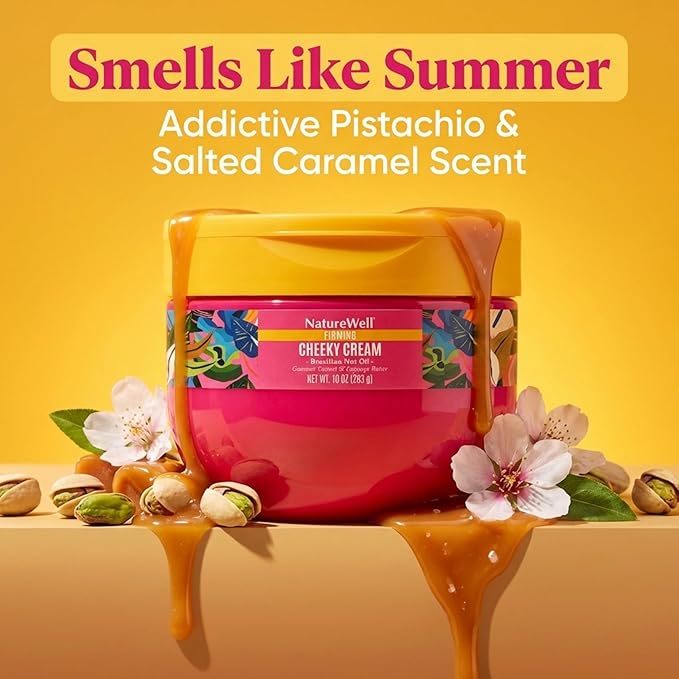 NATURE WELL Ultra-Rich Firming & Tightening Cheeky Body Cream, Promotes Deep Hydration, Fast Absorbing, Scents of Pistachio Cream, Almond Blossom, Brazil Nut, Cupuacu, Coconut, & Salted Caramel, 10 Oz