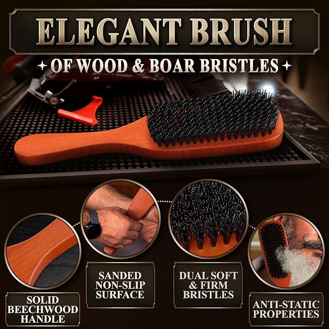 Mens Beard Brush with Handle – Soft Boar Bristle Beard Brush for Men, 9" Wooden Design for Beards, Mustaches & Slick Back Hair – Comfortable Grip, Styling Control, for Daily Grooming & Barbershop Use