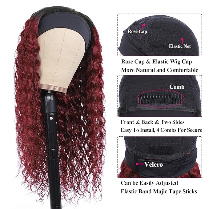 Aiterina Headband Wig deep wave human hair wigs for Black Women Brazilian Remy Hair Glueless Non Lace Front Wig 150% Density (10 inch, 1B/99J)
