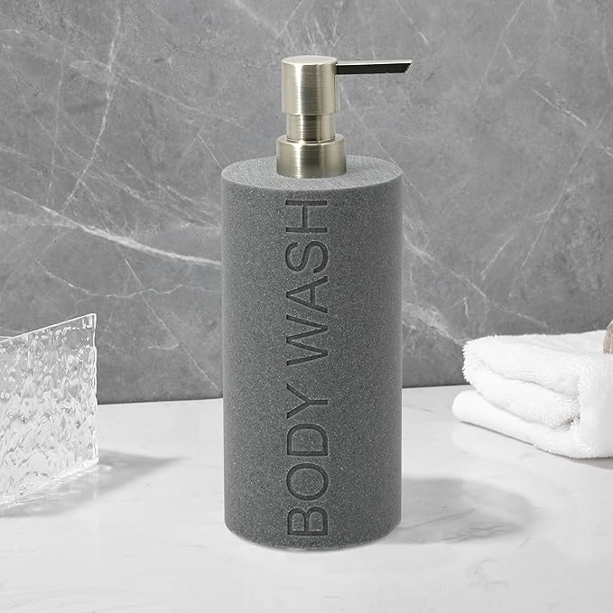 Resin Neutral Gray Sandstone Body Wash Engraved Bottle Refillable Pump Dispenser, Durable Waterproof Resin Construction for Bath, Shower - Gray Sandstone Satin Nickel Pump