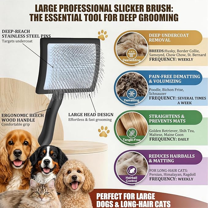 Slicker Brush for Dogs, Large Dog Brush to Long Haired Dogs for Poodles Doodles Goldendoodles Bernedoodles, Long Pin Grooming Kits to Dematting & Reducing Tangles and Fluff, Black